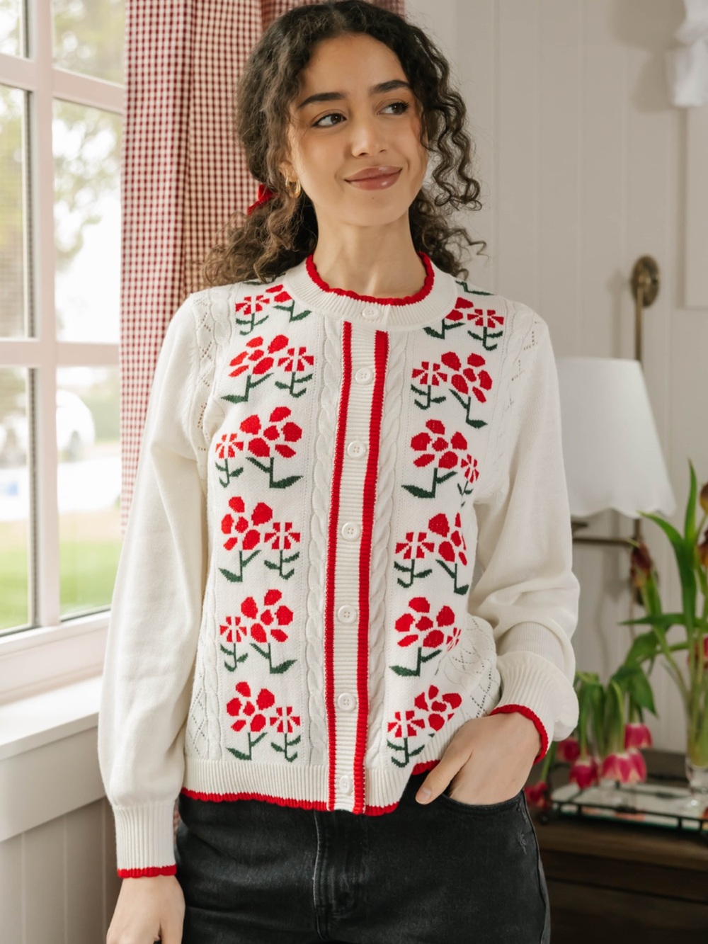 Smash + Tess Cottage Cottage Core Floral Cardigan in Vintage White XL